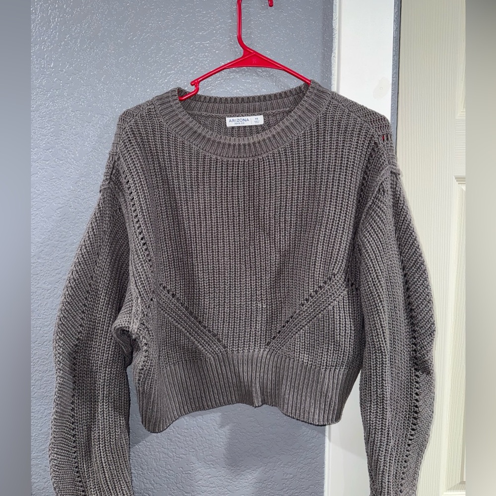 Arizona Jean Co. Charcoal Gray Cropped Knit Sweater, Long Sleeve Waffle Pullover